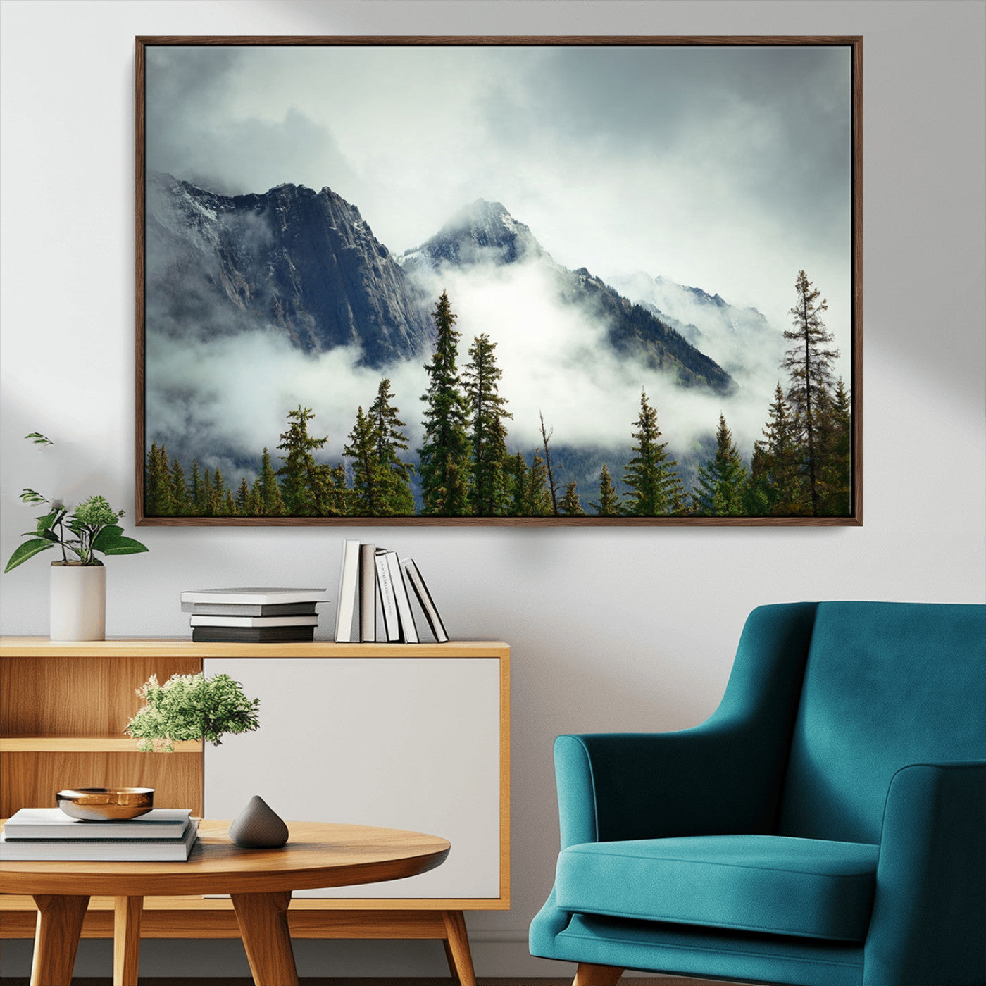 93219-MGV-CV-36X24-Mountain Mist Canvas Wall Art Print | 3-Panel Foggy Forest and Mountain Landscape | Large Giclee
