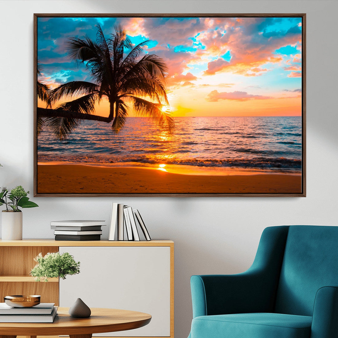 Palm Tree Sunset On The Beach Wall Art Canvas, Framed Palm Tree Sunset Canvas Print