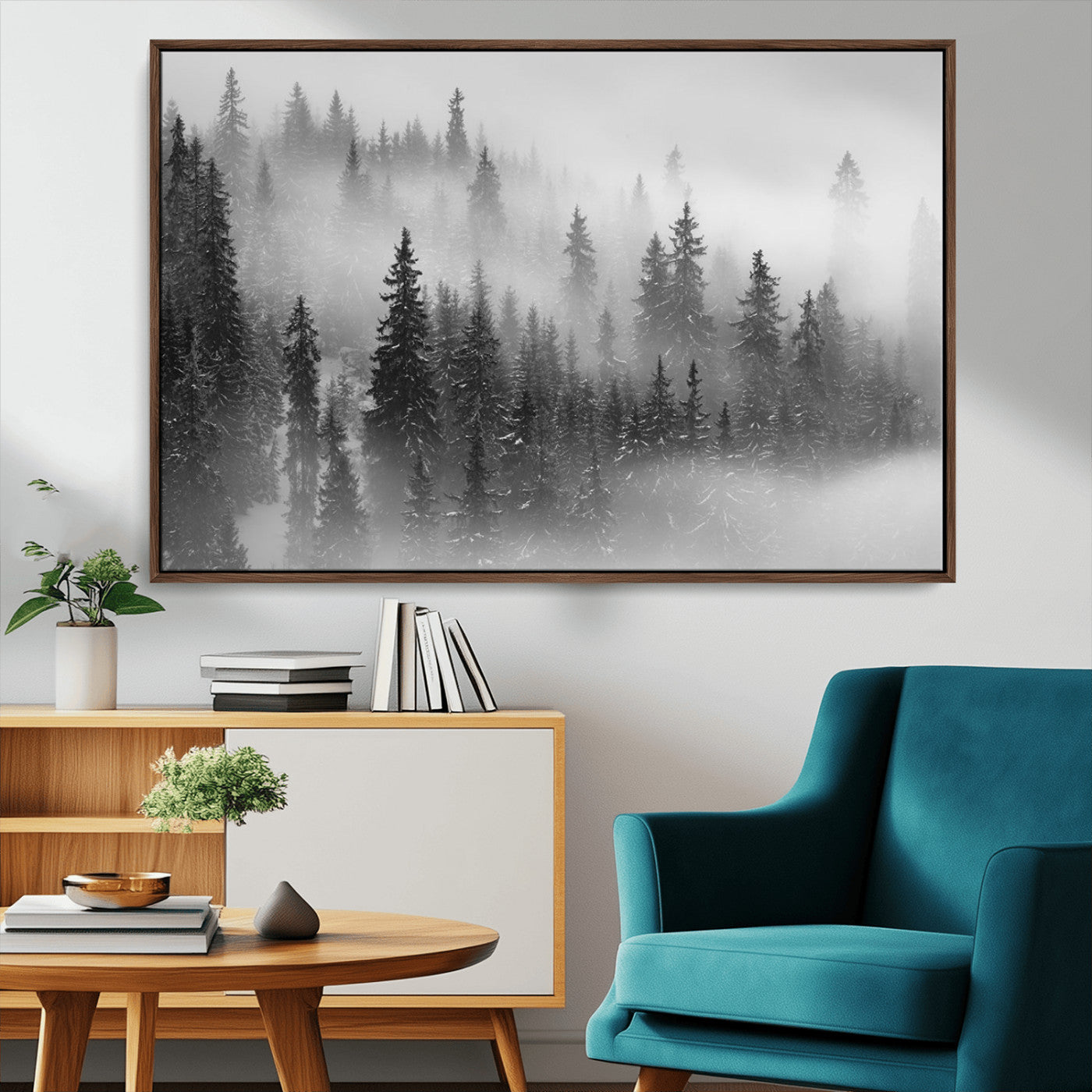 57235-MGV-CV-36X24-Foggy Misty Forest Canvas Wall Art – Black and White Landscape – Framed and Ready to Hang Modern
