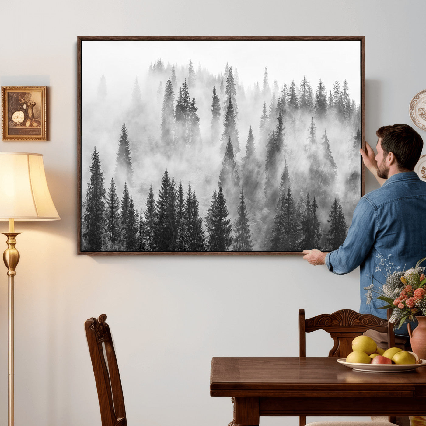 10422-MGV-CV-36X24 - Forest Wall Art Print | Foggy Pine Forest Canvas Wall Art - Black and White Nature Decor for Living