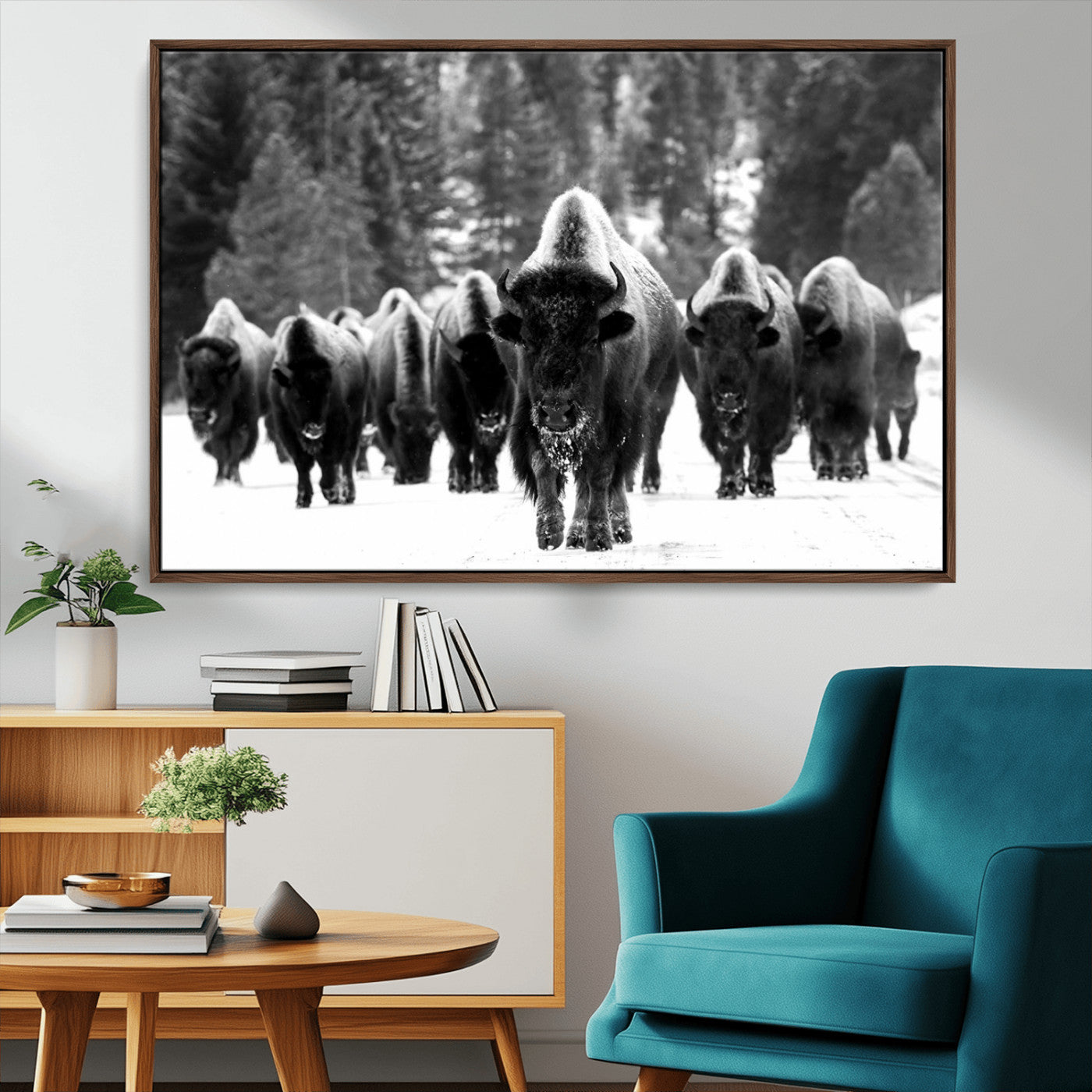 62434-MGV-CV-36X24-Bison Herd in Snow Wall Art Canvas Print | Rustic Western Bison Wall Art for Decor for Living Room,