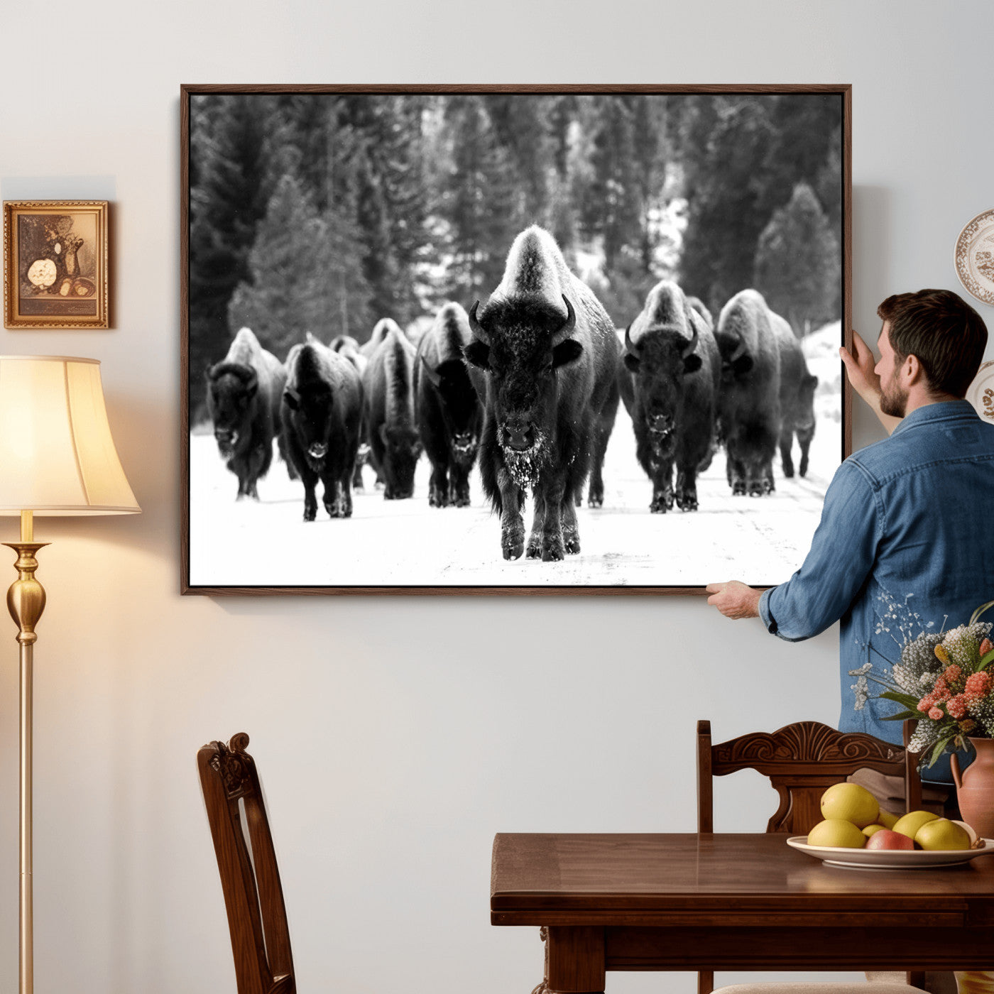 62434-MGV-CV-36X24 - Bison Herd in Snow Wall Art Canvas Print | Rustic Western Bison Wall Art for Decor for Living Room,