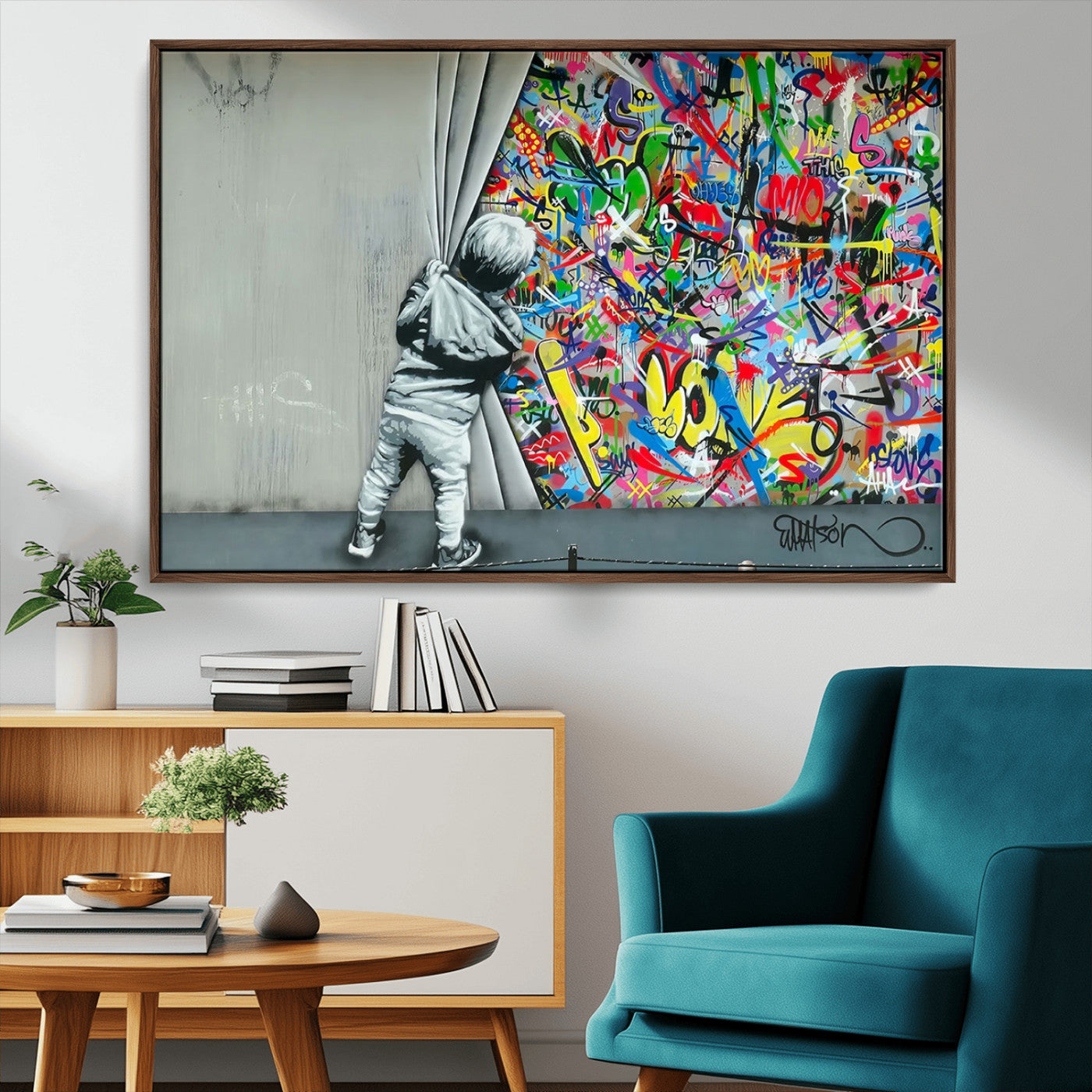 51713-MGV-CV-36X24-Banksy Colorful Street Graffiti Canvas Wall Art Print, Modern Art Triptych, Child and Graffiti Wall,