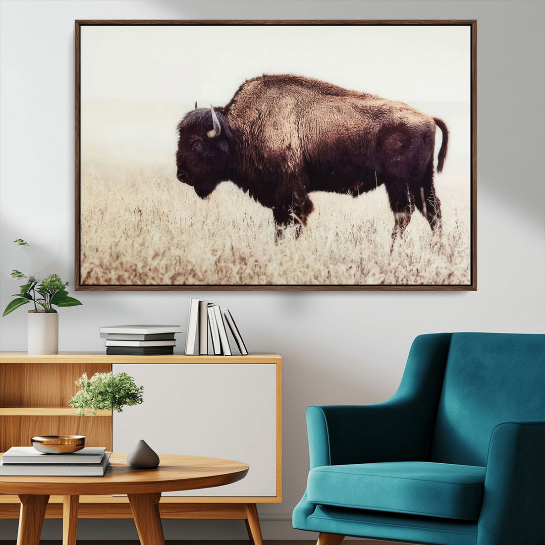 Bison in Field Wall Art Canvas Print For Farmhouse Barn