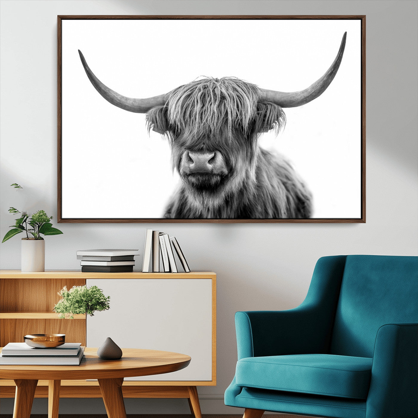 -Grayscale Scottish Highland Cow Cattle Art Print Farmhouse Wall Art Canvas Print