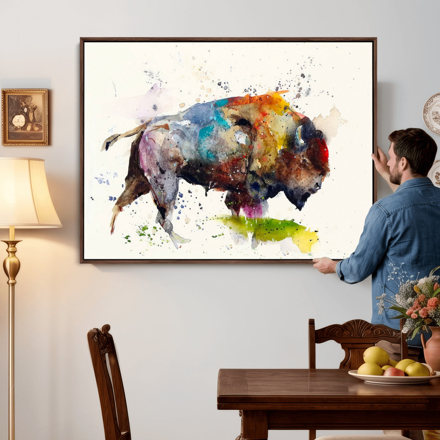 44504-MGV-CV-36X24 - Abstract Buffalo Wall Art, Western Watercolor Bison Canvas Print, Rustic Buffalo Art for Cowboy and