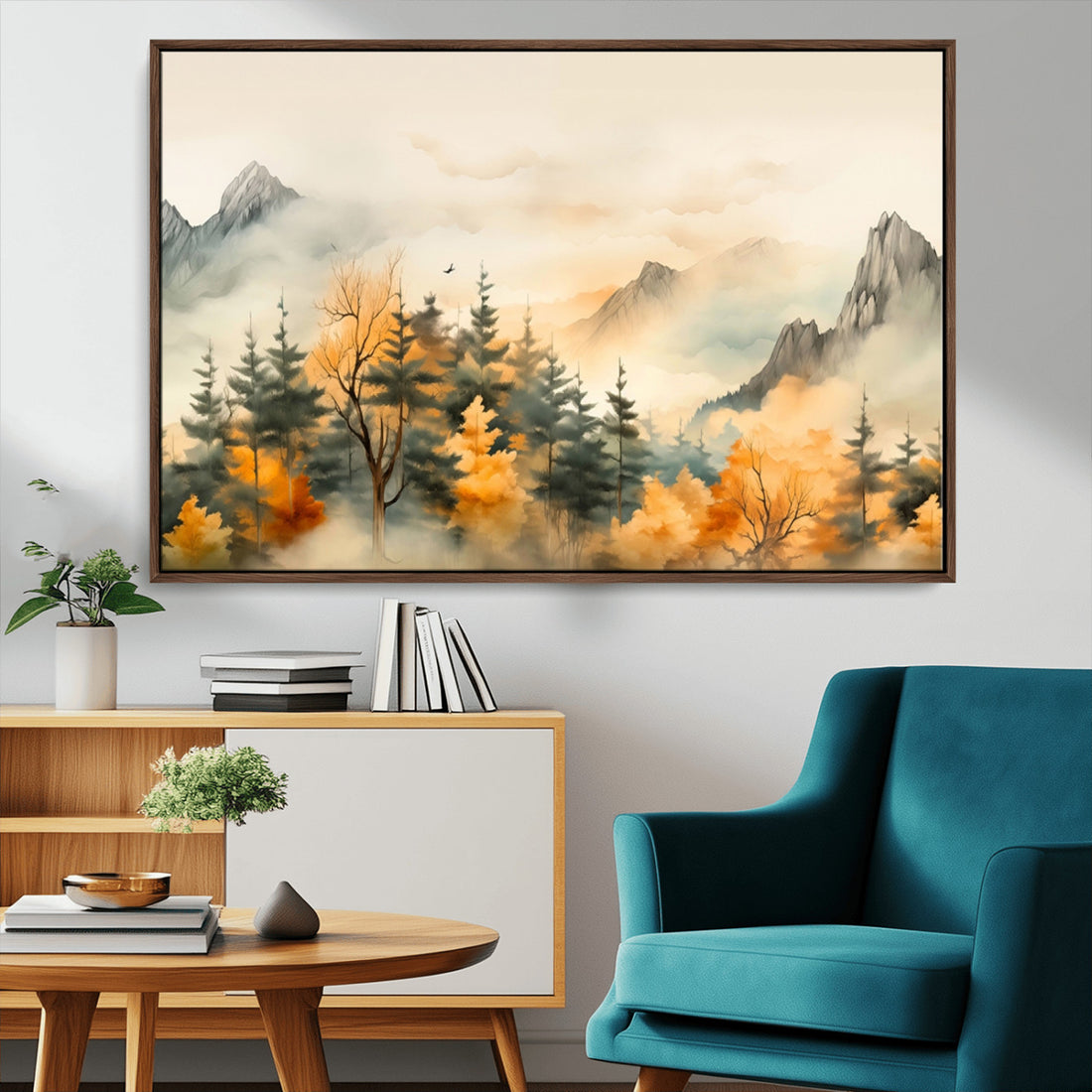 Abstract Watercolor Mountains and Trees Autumn Art, Watercolor Mountains and Trees Canvas Print