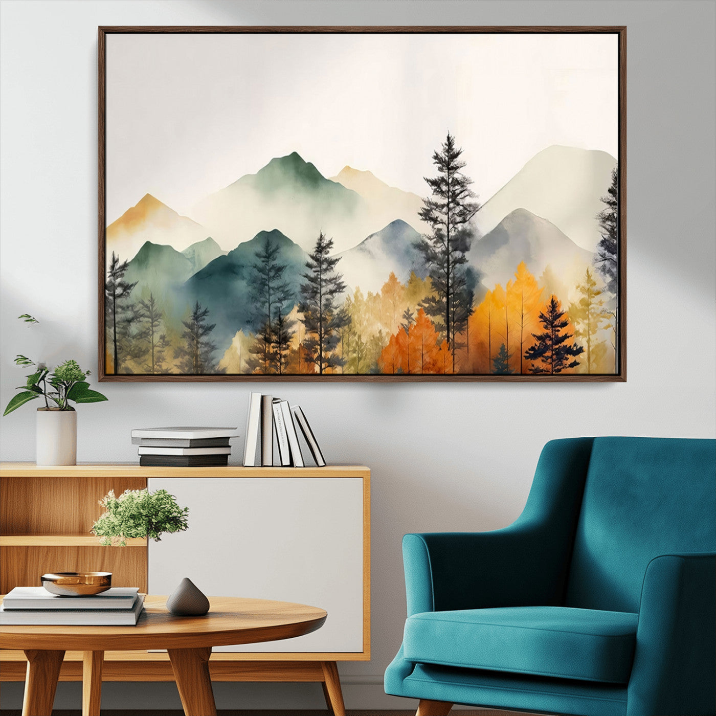 25689-MGV-CV-36X24-Abstract Watercolor Mountains and Trees Autumn Wall Art, Mountains and Trees Autumn Wall Art Canvas