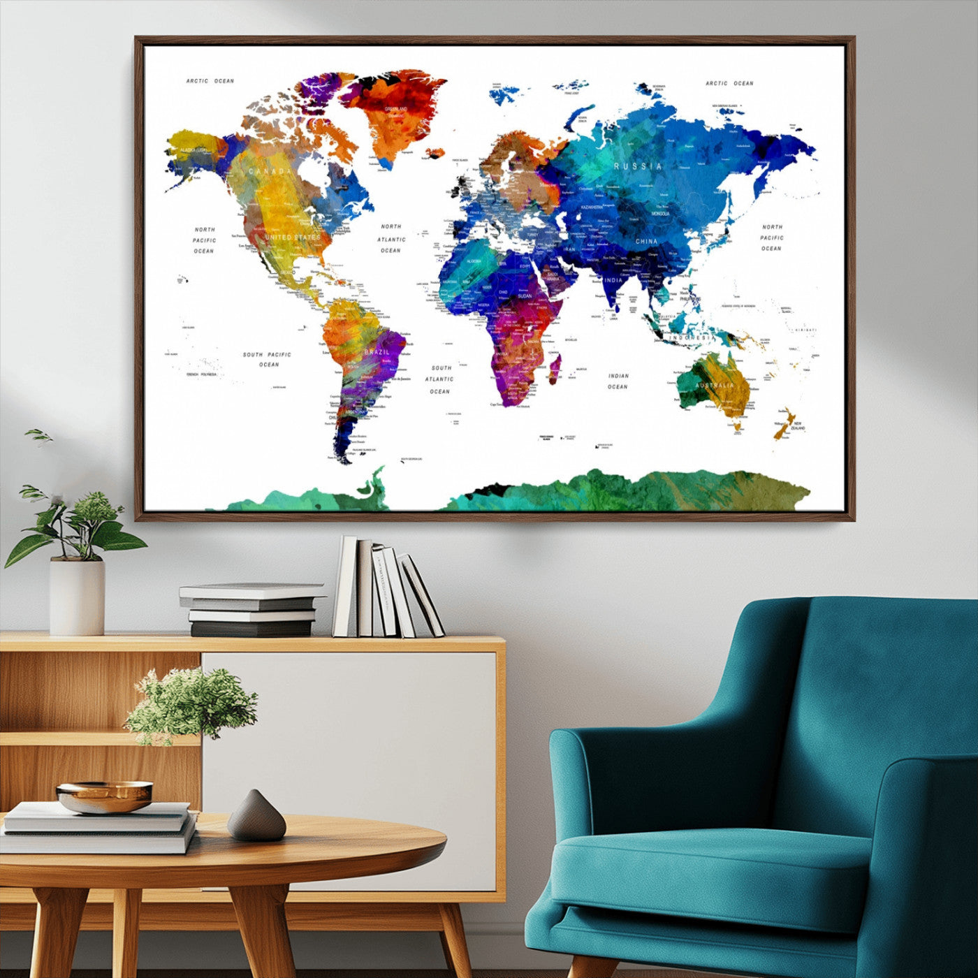 48979-MGV-CV-36X24-Colorful Watercolor World Map Canvas Print – Vibrant Framed Travel Map Wall Art, Modern Decor for Living Room or Office