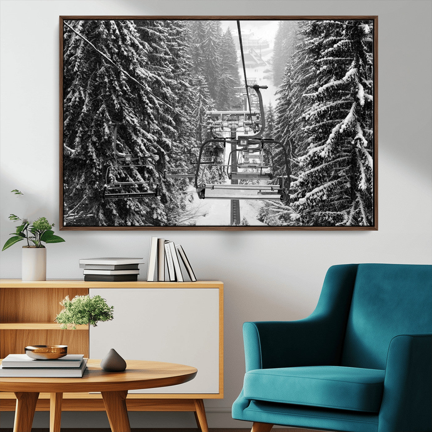 19240-MGV-CV-36X24-Winter Ski Lift Black and White Canvas Wall Art – Alpine Escape in Minimalist Style – Winter Ski