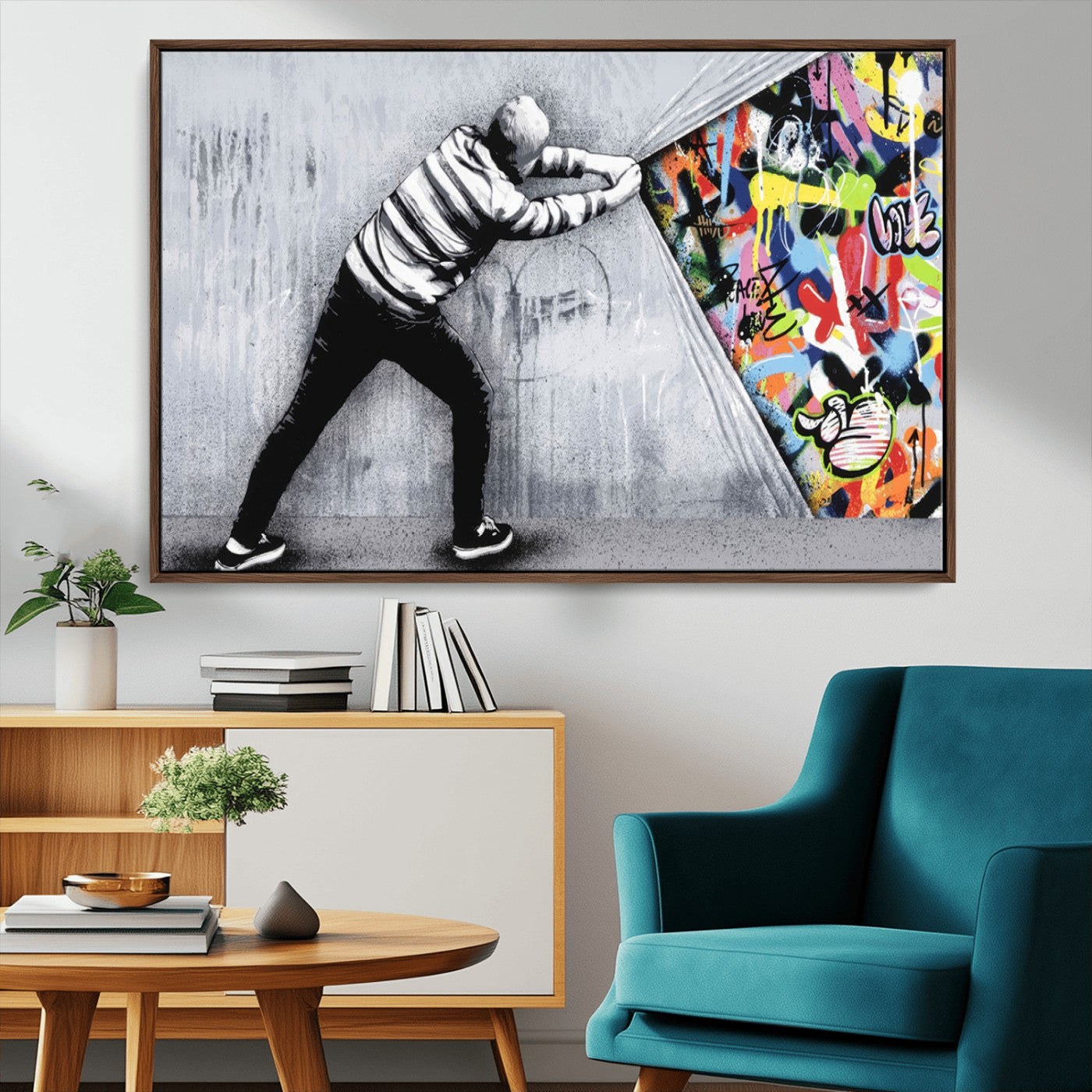 52252-MGV-CV-36X24-Banksy Art Behind the Curtain Street Wall Art Canvas Print | 3-Panel Urban Graffiti-Inspired Wall