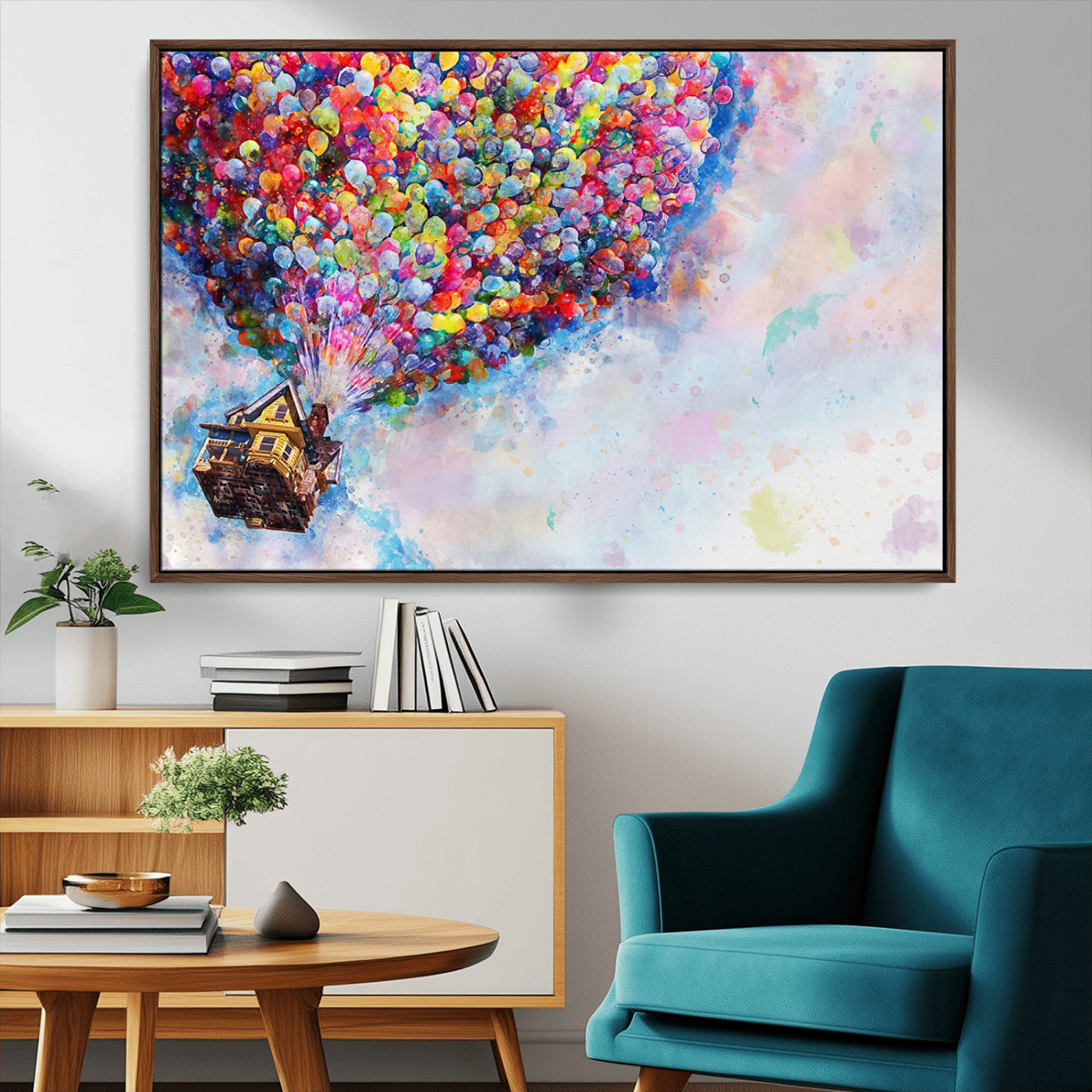 29167-MGV-CV-36X24-Don't Look Up Movie Canvas Wall Art - Vibrant Floating House and Balloons Scene, Tribute to Iconic