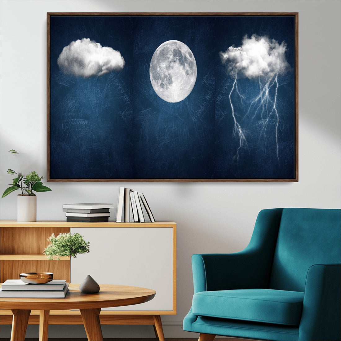 Dark Blue Cloud Art, 3 Piece Indigo Blue Wall Art, Aesthetic Surreal Thunderstorm Moon Cloud Art
