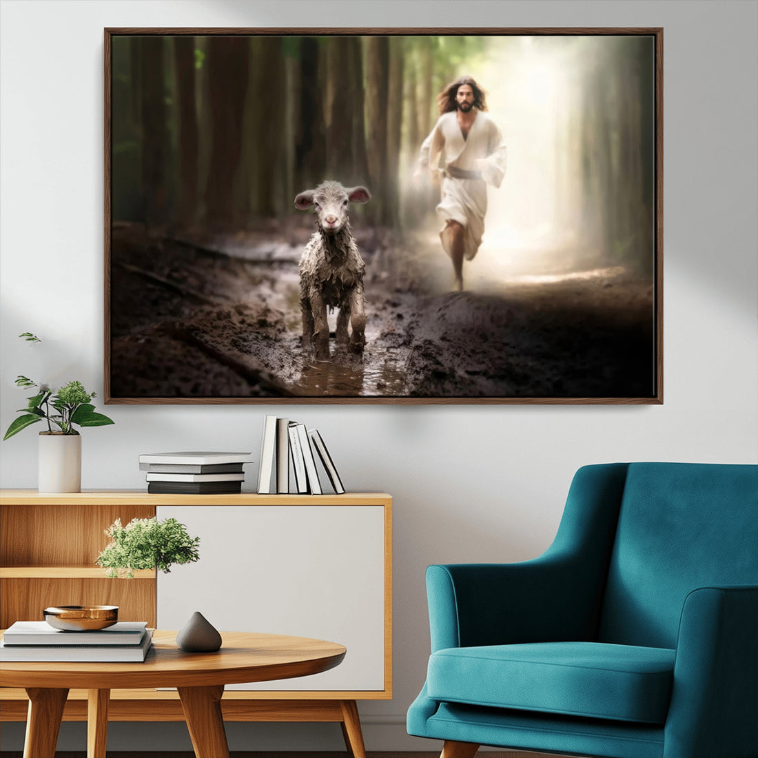 Jesus Canvas Wall Art - Jesus Running After Lost Lamb, Christian Home Decor