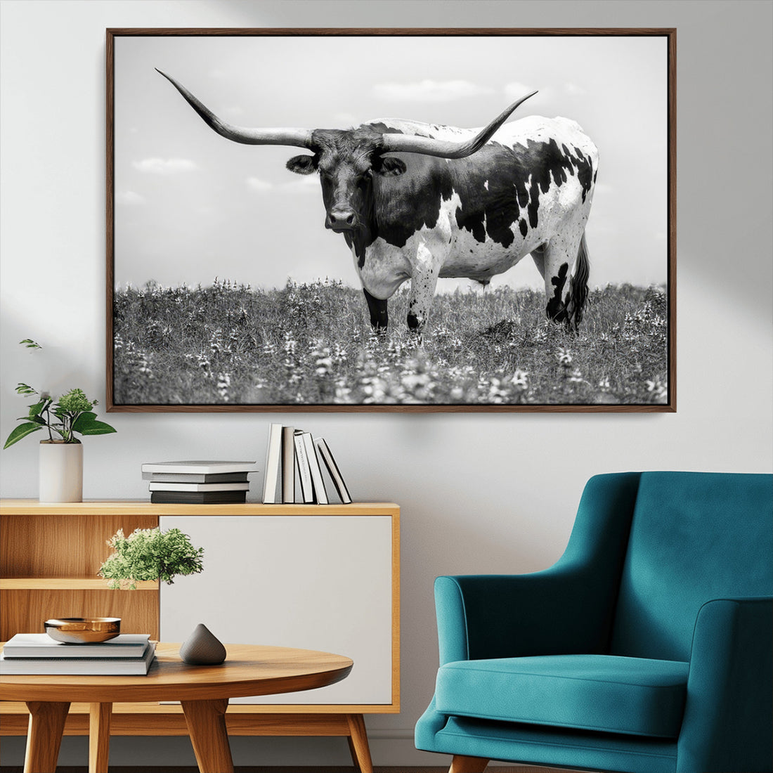 Texas Black White Highland Longhorn Cow Wall Art Canvas Print