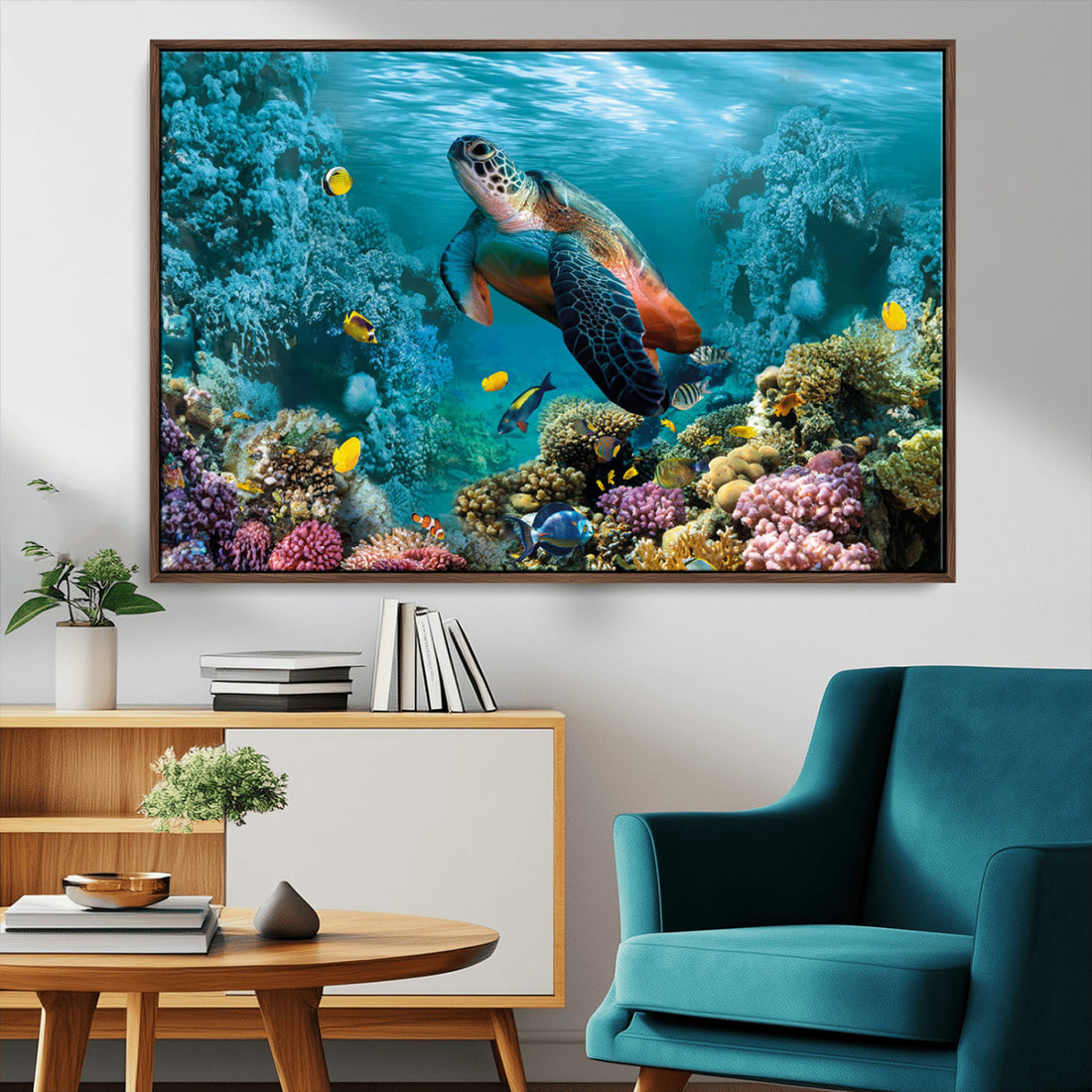 Sea Turtle and Coral Reef Triptych Wall Art, Vibrant Underwater Scene Canvas Set