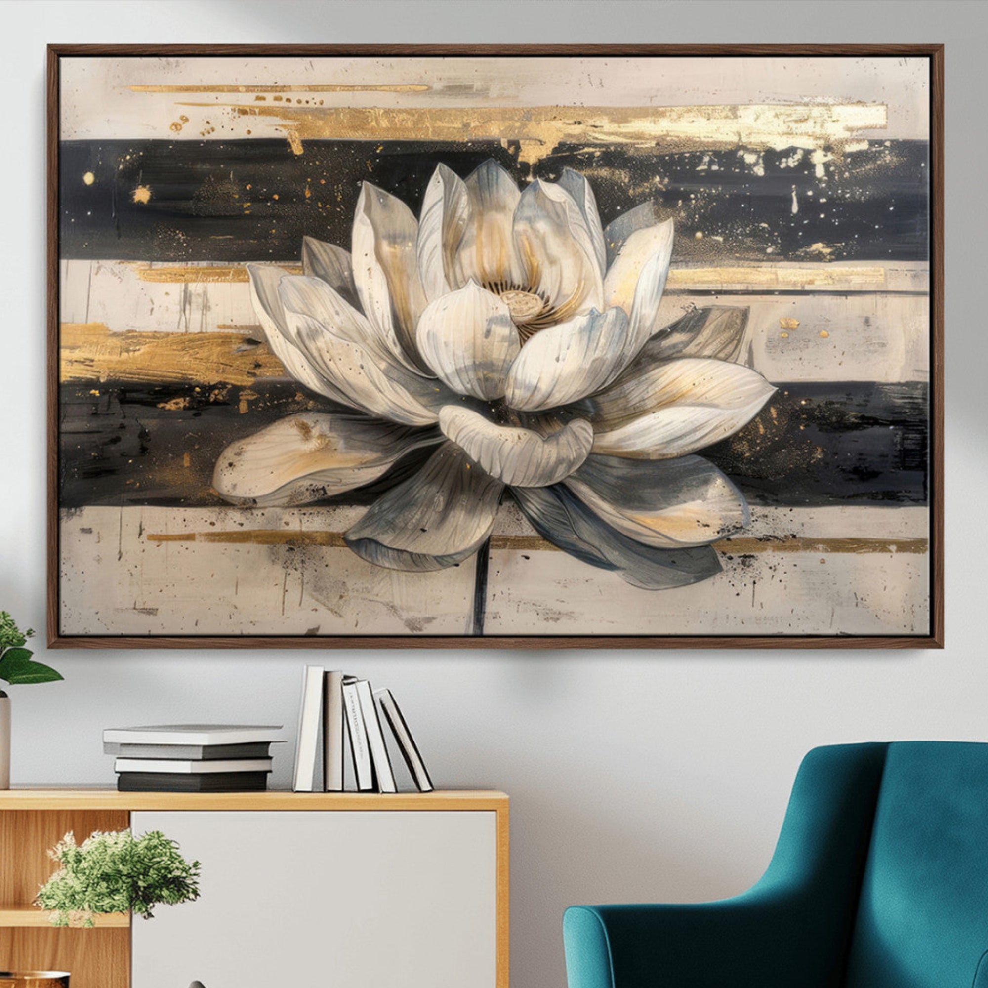 MGV-FC-36X24 - Lotus Flower Wall Art Canvas Print, Framed Abstract Lotus Art Picture Print, White Lotus Flower Perfect Abstract Floral Decor Artwork