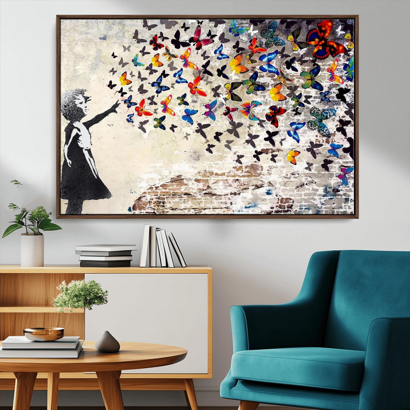 97895-MGV-CV-36X24-Banksy Graffiti Wall Art Canvas Print: Girl Releasing Vibrant Butterflies – Ready to Hang