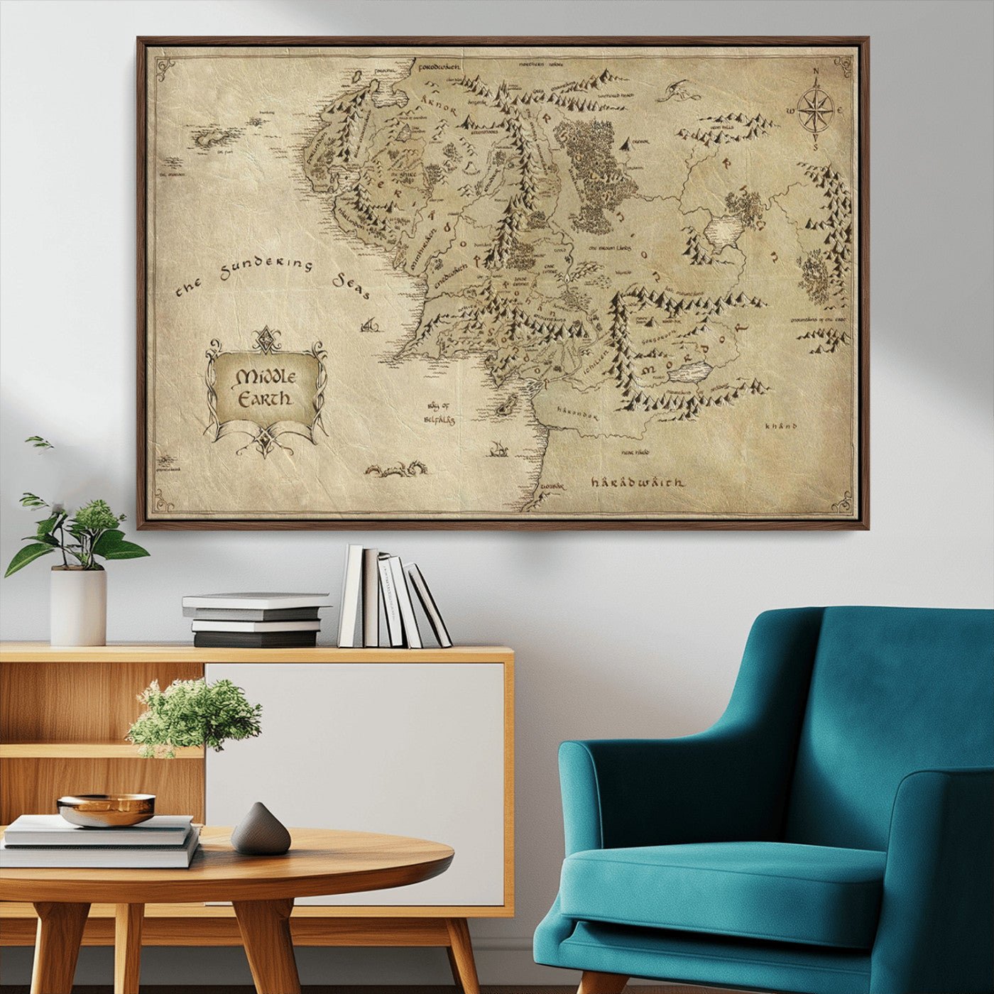 21784-MGV-CV-36X24-Vintage Middle Earth Map Wall Art Canvas – Lord of the Rings Inspired Framed Map Print, Classic Fantasy Decor for Home, Office