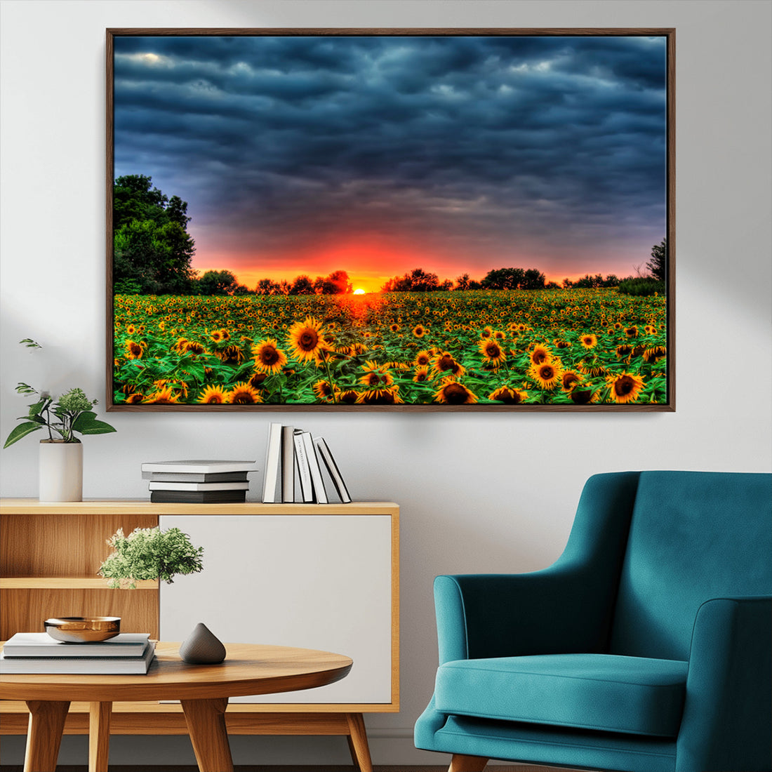 Golden Sunflower Field at Sunset, Breathtaking Sky and Vibrant Flowers Wall Art Canvas Print