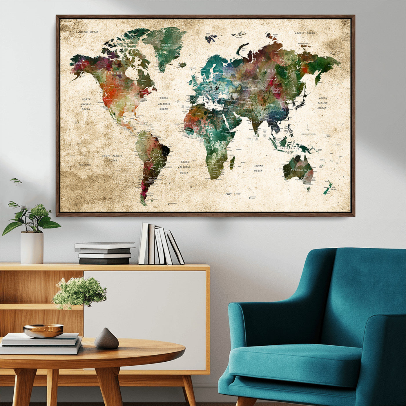 45128-MGV-CV-36X24-Push Pin World Map Canvas Print – Framed Travel Tracker Wall Art for Couples, Perfect Anniversary Gift and Home Decor