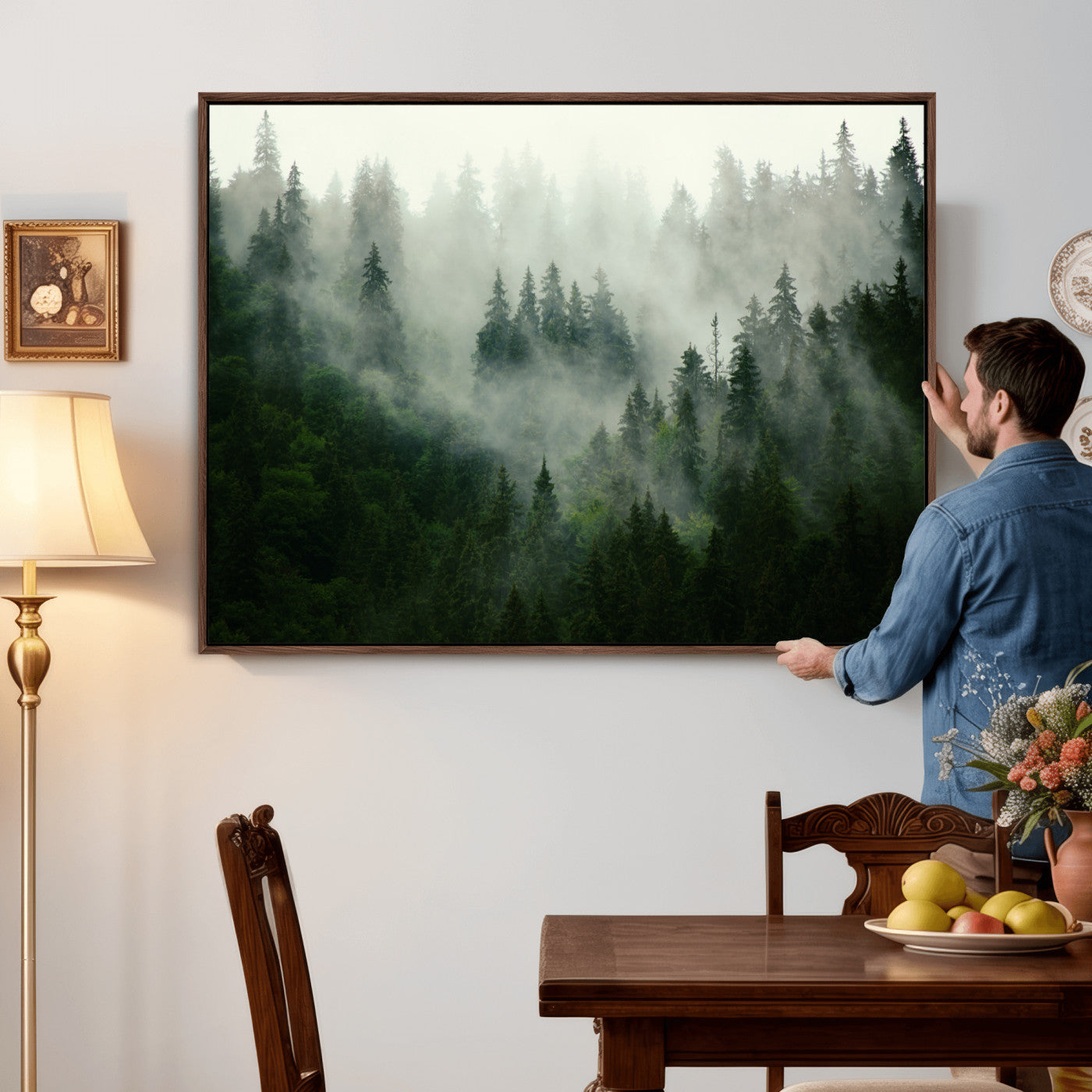 167720496-MGV-CV-36X24 - Misty Forest Mountain Wall Art Canvas | Large 3-Panel Foggy Landscape Canvas Print | Nature Misty