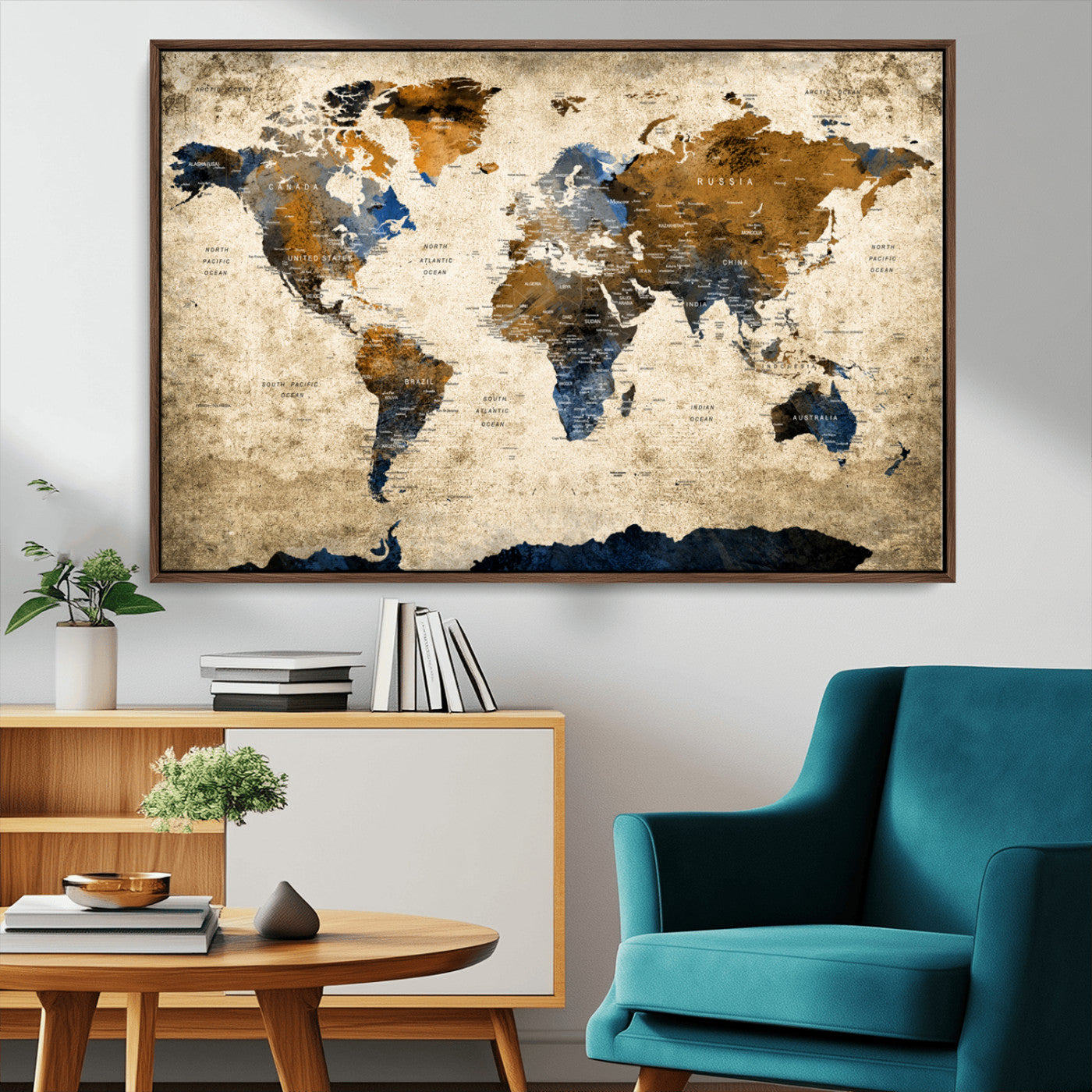 51140-MGV-CV-36X24-World Map Wall Art – Antique Style Blue and Brown Map Canvas Print, Classic Travel Wall Decor for Home Office or Study Room