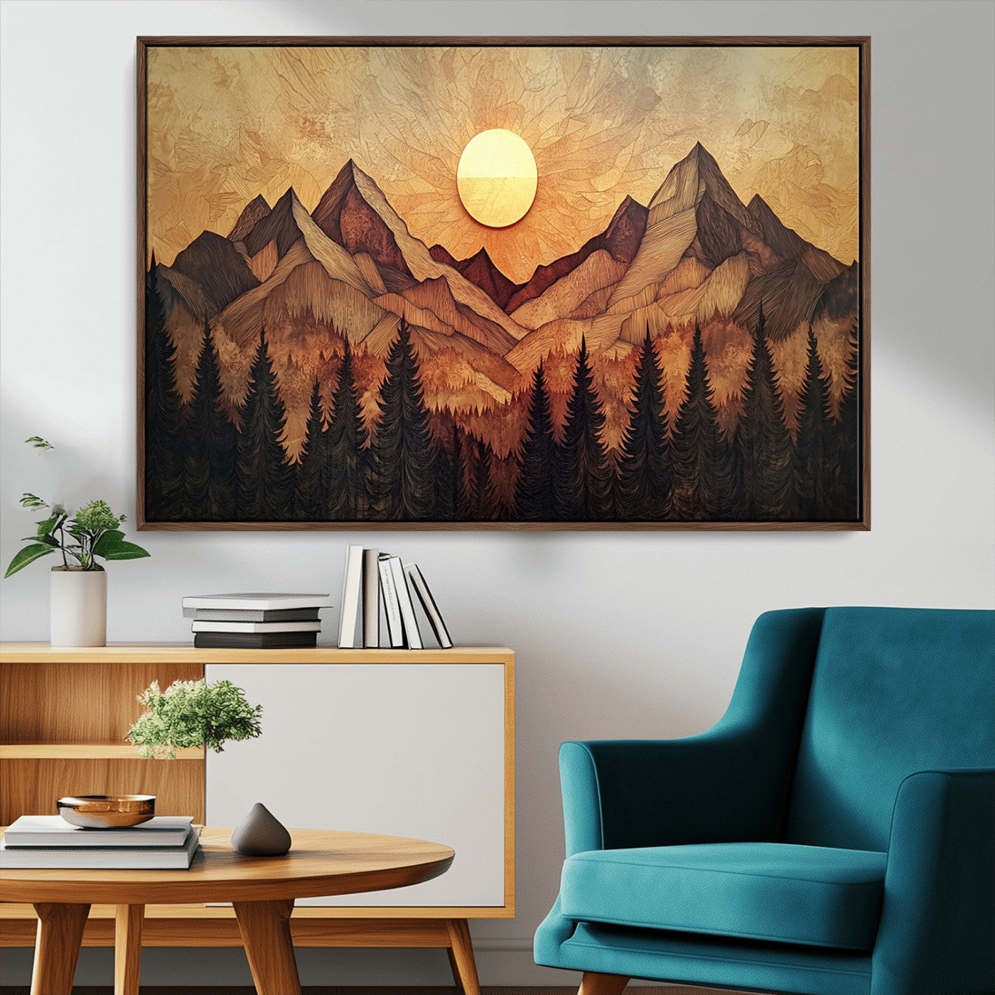 71340-MGV-CV-36X24-Wood Style Abstract Mountain Sunset Canvas Wall Art Print - Warm Earth Nature-Inspired Decor for