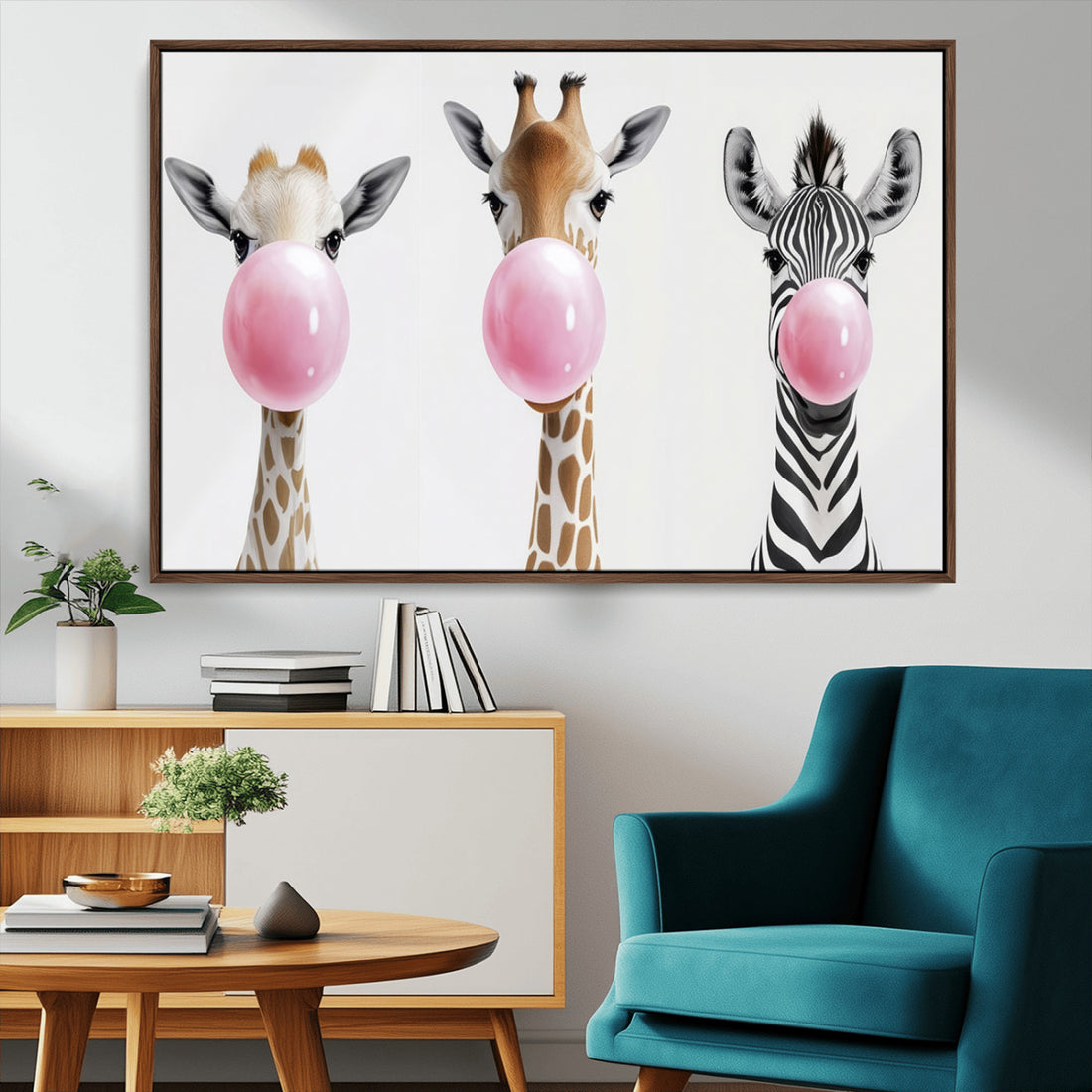Bubblegum Animals Canvas Wall Art, Playful Giraffe and Zebra Trio, Whimsical Nursery and Kids Room Decor