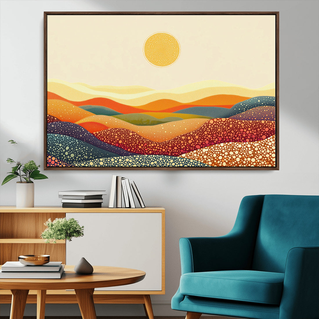 YAYOI KUSAMA Colorful Dot Art Landscape Canvas, Framed Abstract Pointillism with Rolling Hills and Sun