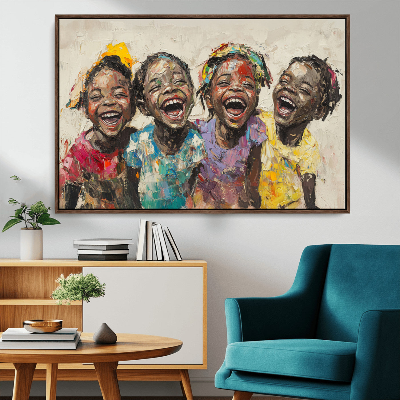 93034-MGV-CV-36X24-Shai Yossef style Joyful Childhood Canvas Wall Art - Expressive Impasto Painting of Black Children
