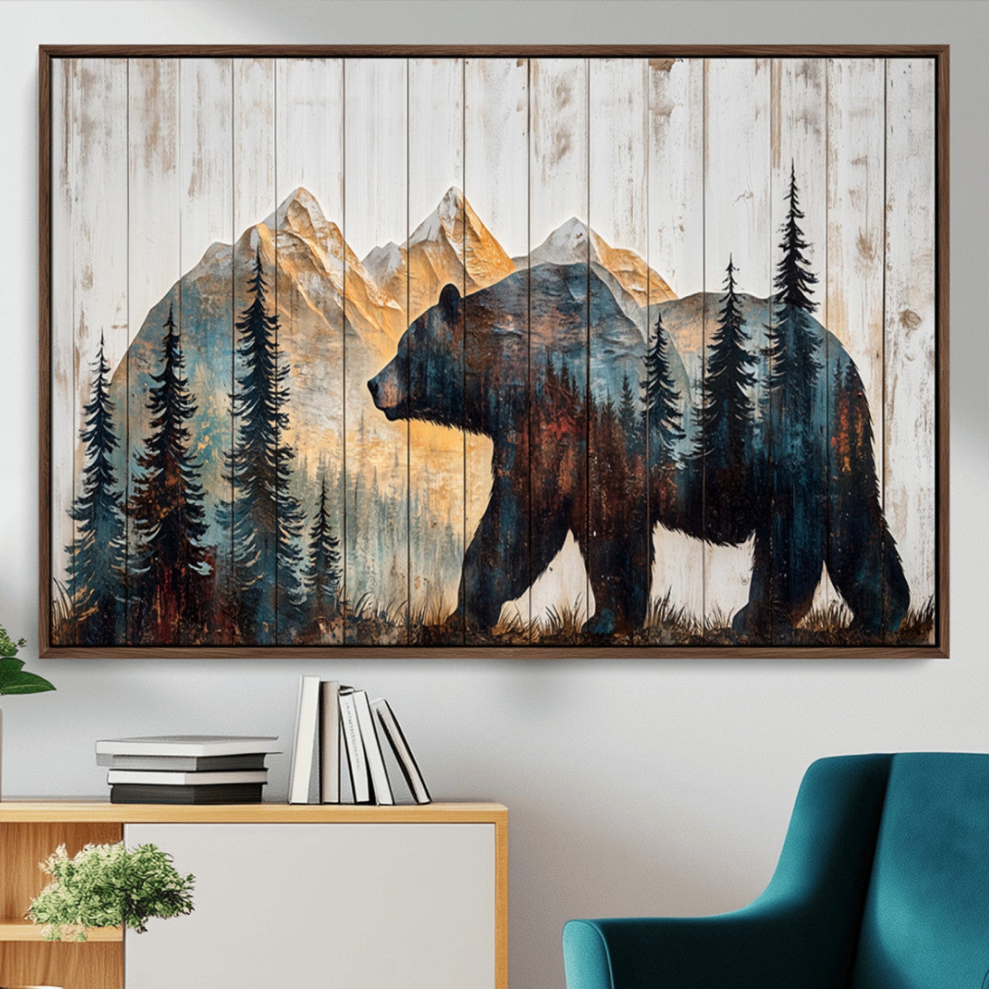 90077-MGV-CV-36X24-Rustic Bear Wall Art - Grizzly 399 Bear Wall Art - Mountain Wood Canvas Wall Art - Nature Theme