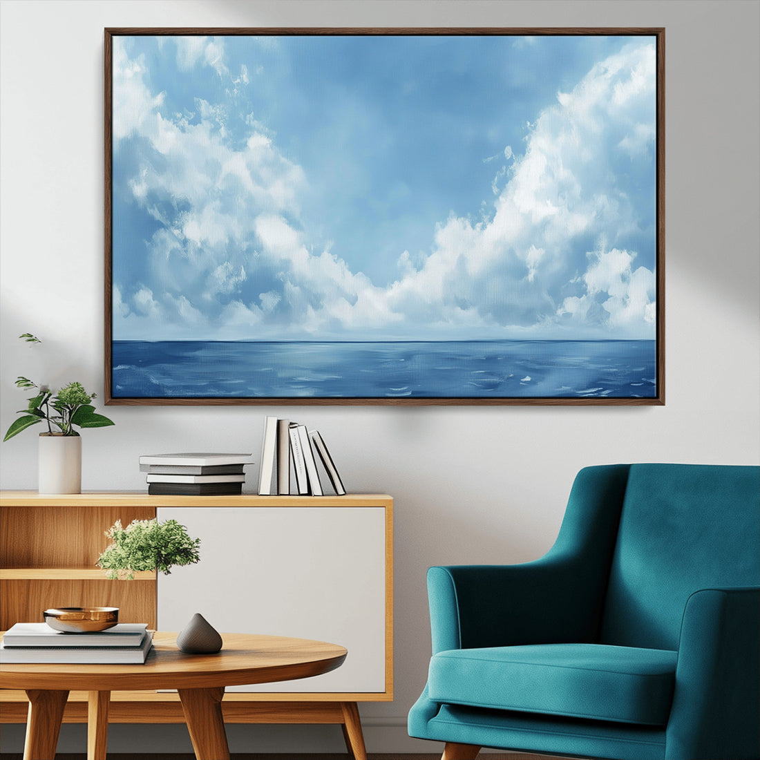 Abstract Ocean Print Artwork, Serene Blue Ocean and Sky Canvas Wall Art for Modern Coastal Decor