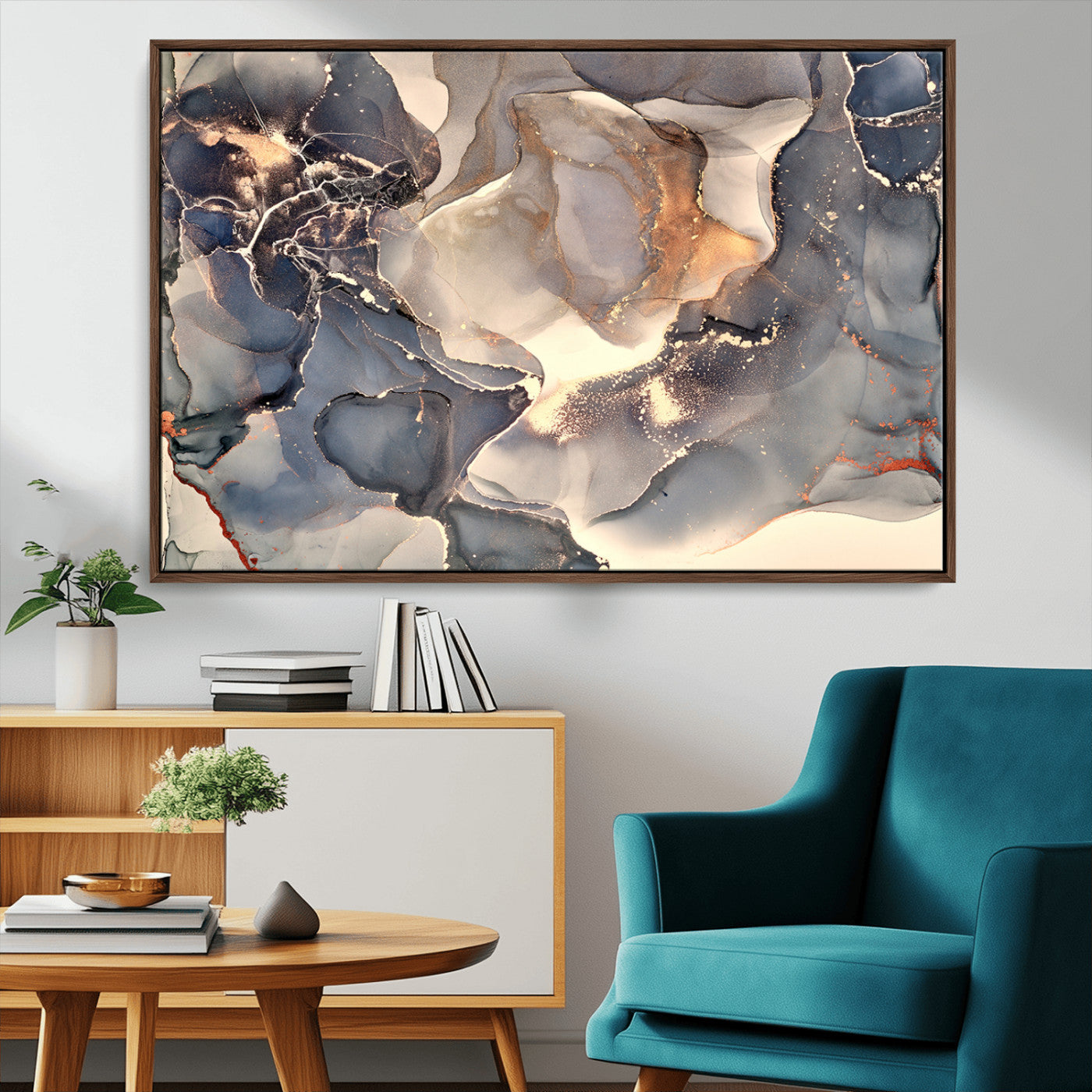 18202-MGV-CV-36X24-Abstract Blue and Gold Wall Art - Fluid Ink Artwork - Modern Luxury Wall Decor for Contemporary