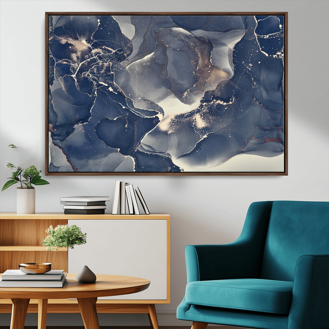 28282-MGV-CV-36X24-Large Abstract Blue and Gold Canvas Wall Art | Fluid Ink Artwork Print | Luxury Wall Decor for