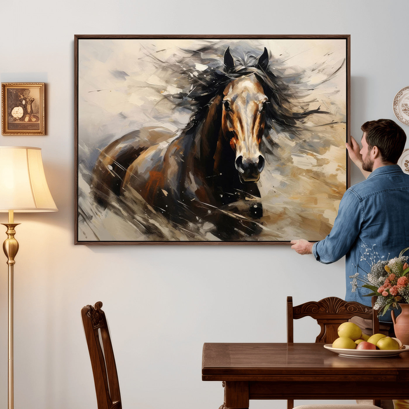 53001-MGV-CV-36X24 - Abstract Wall Art Horse Print - Large Western Horse Canvas - Farmhouse Woodland Wall Art - Framed