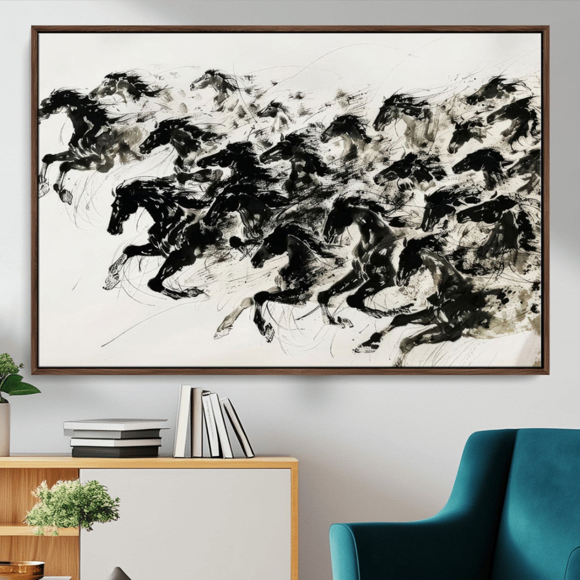 23069-MGV-CV-36X24-Abstract Horse Wall Art Canvas Print - Dynamic Black Ink Horse Print - Modern Equine Wall Decor for