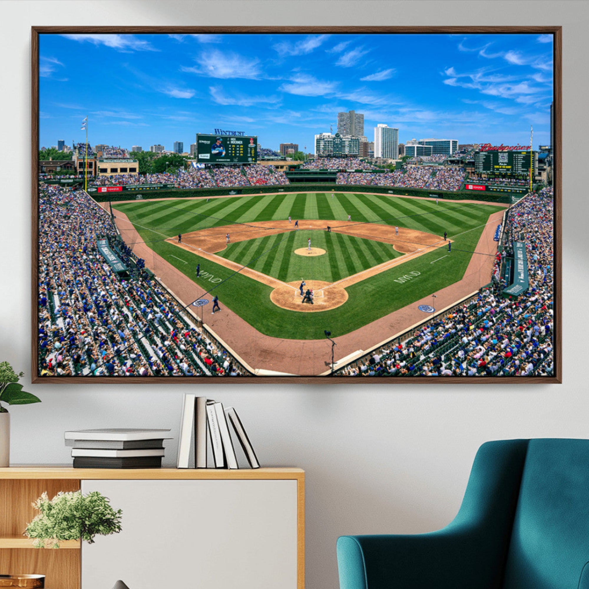 26064-MGV-CV-36X24-Wrigley Field Chicago Cubs Wall Art Canvas Print Framed Panoramic Multi-Piece Iconic Baseball Stadium Artwork for Home, Office