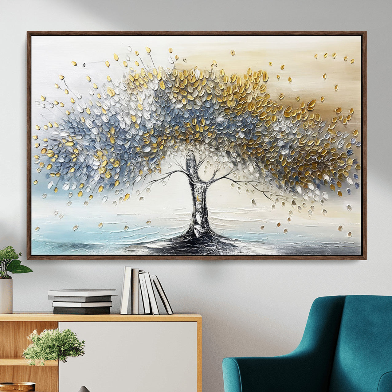 MGV-FC-36X24 - Golden & Silver Tree of Life Wall Art – Canvas Print with Whimsical Leaves Elegant Nature Design, Decorative Home, Office or Guest Room Decor