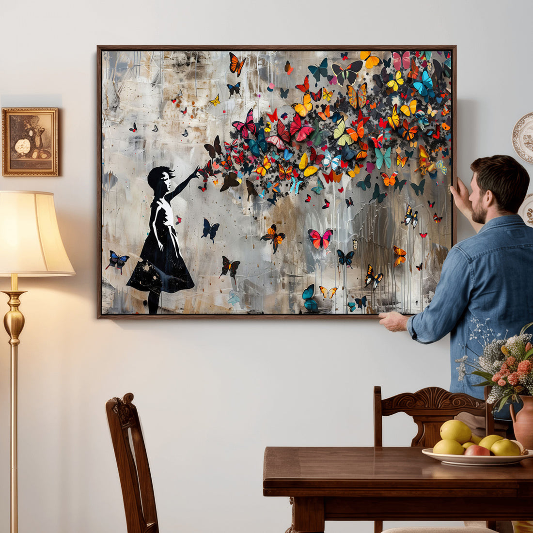 Butterfly Girl Wall Art | Vibrant Street Style Canvas Print, Modern Graffiti Decor