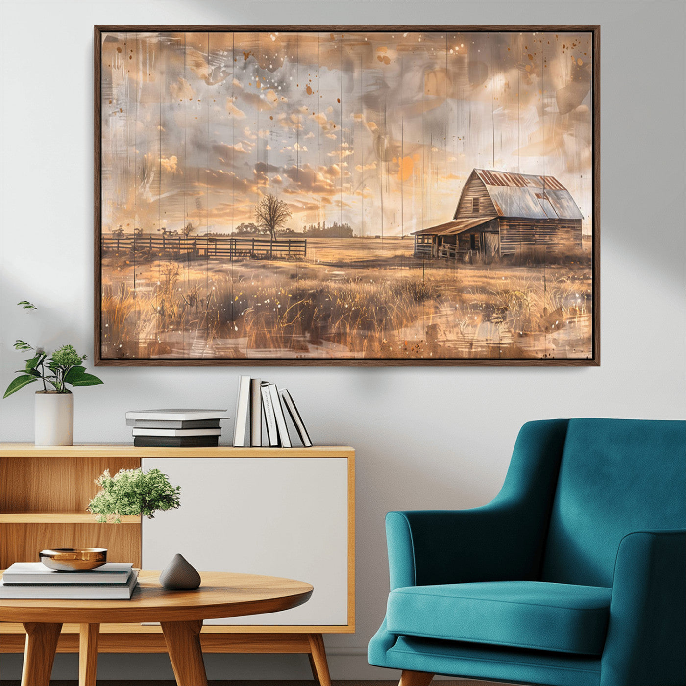 FARM2-MGV-CV-36X24-Rustic Farmhouse Wall Art Canvas Print | Barn and Field Canvas Print | Vintage Country Landscape