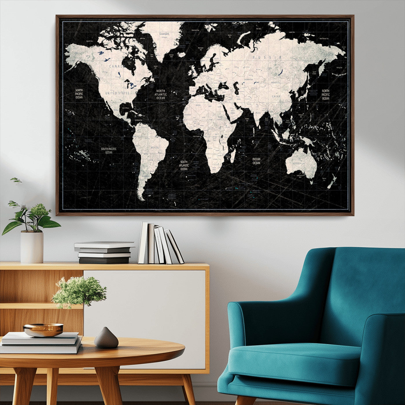 N50Black-MGV-CV-36X24-Push Pin World Map Canvas Print – Framed Travel Tracker Wall Art for Couples, Anniversary Gift and Elegant Home Decor
