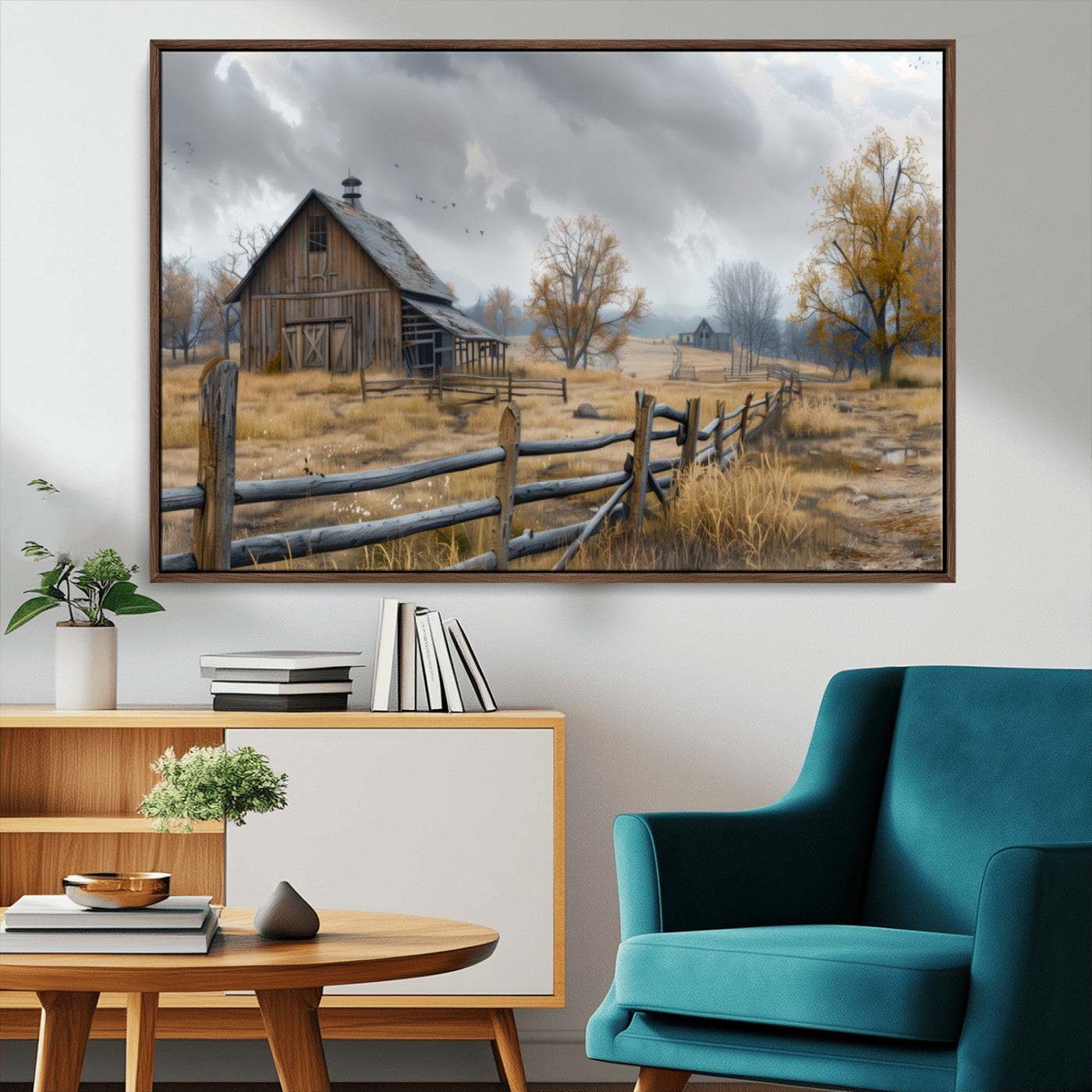 Farm1-MGV-CV-36X24-Rustic Autumn Farmhouse Wall Art Canvas Print – Serene Countryside Scene with Weathered Barn and