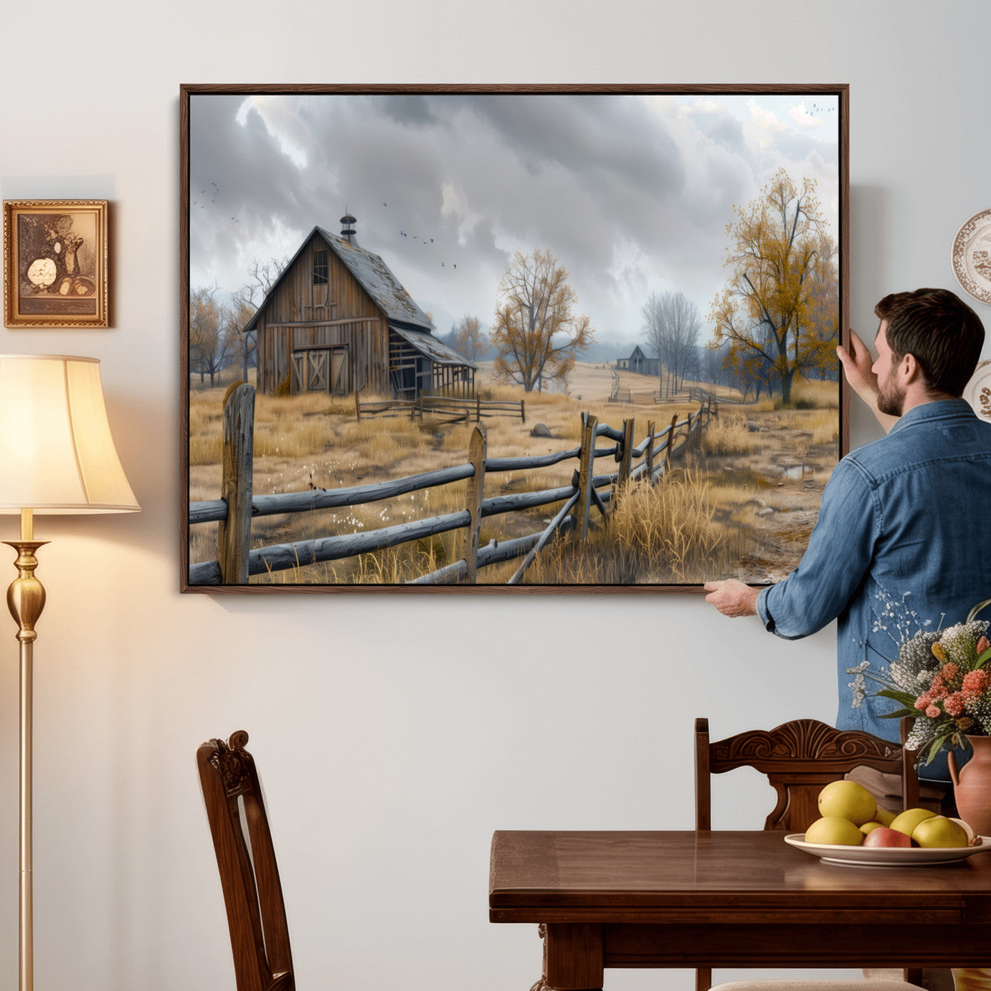 Farm1-MGV-CV-36X24 - Rustic Autumn Farmhouse Wall Art Canvas Print – Serene Countryside Scene with Weathered Barn and