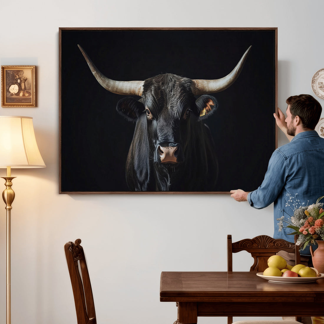 Majestic Longhorn Bull Wall Art Canvas Print | Dark Background Western Portrait