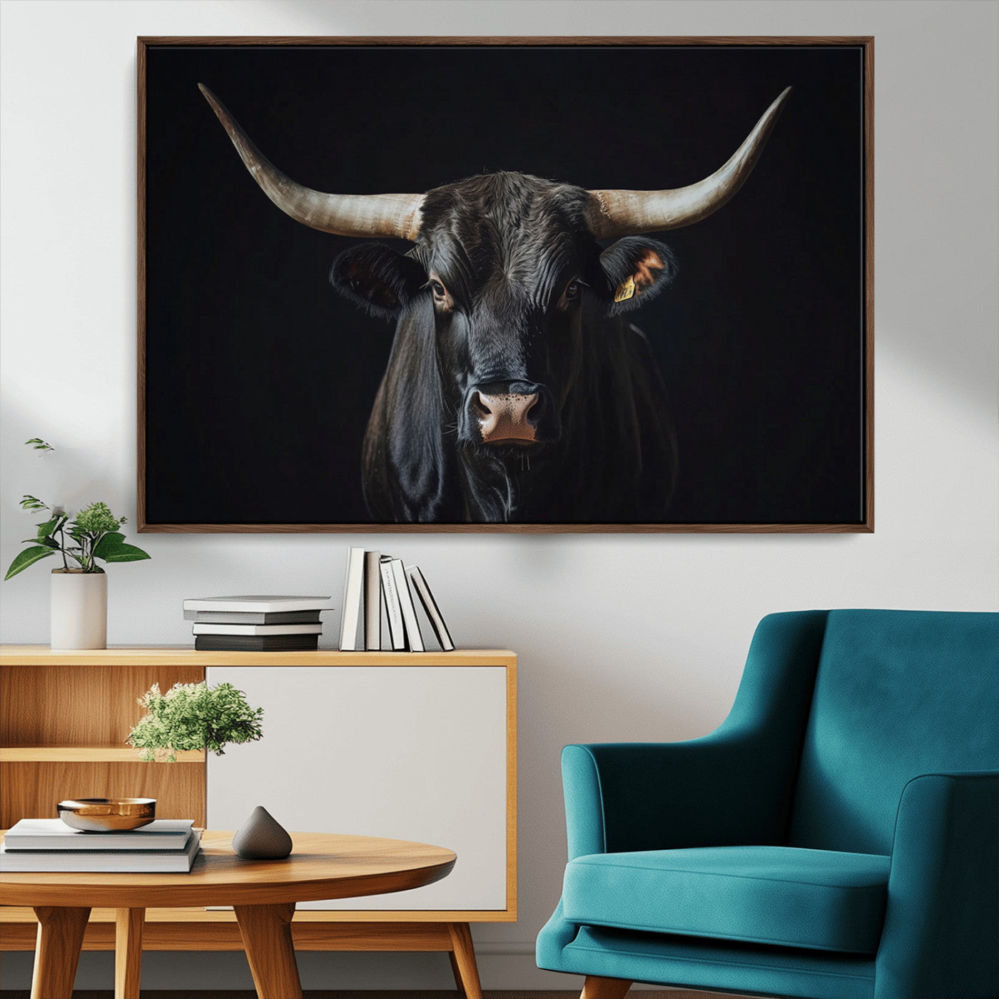 48065167-MGV-CV-36X24-Majestic Longhorn Bull Wall Art Canvas Print – Dark Background Western Ranch Portrait Artwork for Home, Office