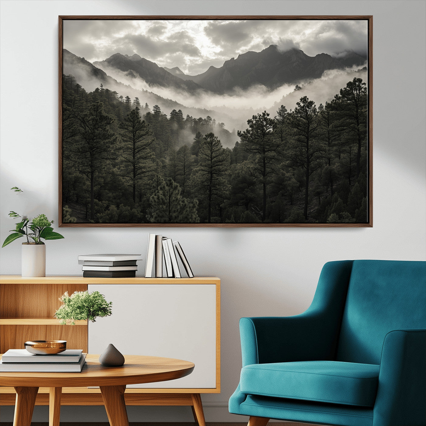 96173787-MGV-CV-36X24-Moody Forest Wall Art – Framed Mountain Fog Canvas Artwork, Misty Woodland Design, Tranquil Nature Decor for Home, Office