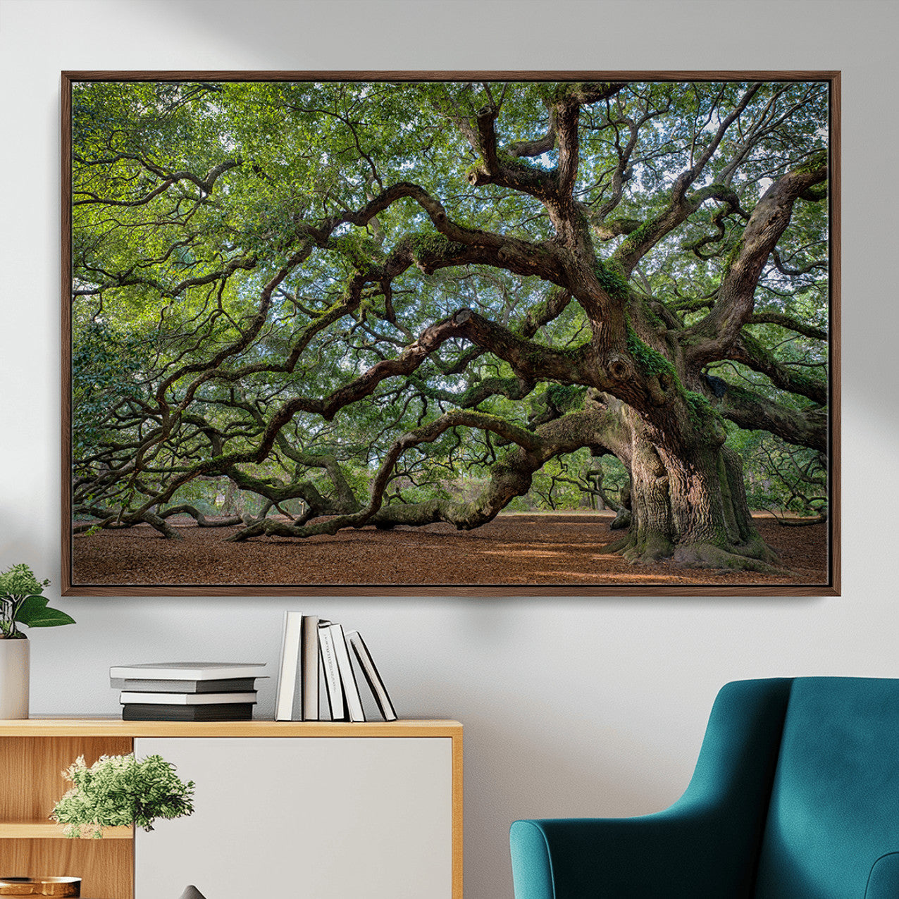 94886260-MGV-CV-36X24-Historic Tree Wall Art – Framed Mossy Branch Canvas Artwork, Twisted Woodland Design, Rustic Nature Decor for Home, Office