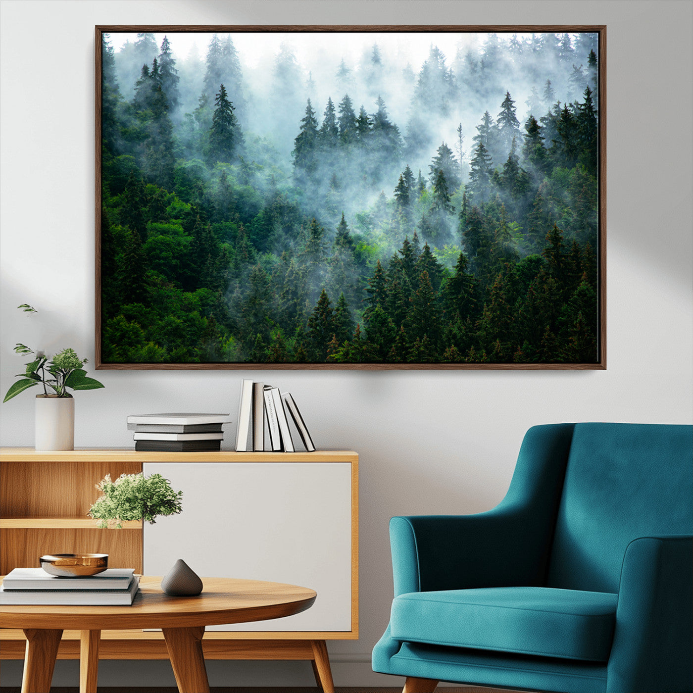 17393683-MGV-CV-36X24-Misty Forest Wall Art Canvas Print – Framed Foggy Mountain Scene with Serene Nature Artwork for Home, Office, Living Room
