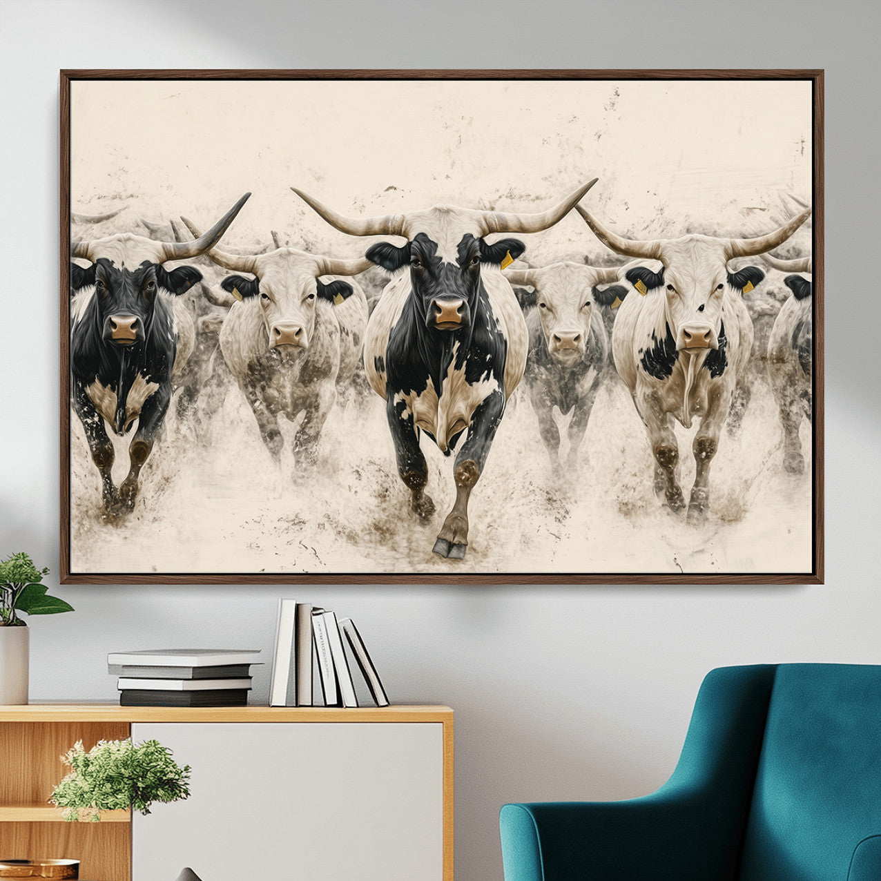 MGV-FC-36X24 - Cream Dust Longhorn Wall Art – Canvas Print of Western Herd Stampede, Dynamic Charge, Rustic Prairie Motion, Bold Nature Farm Decor